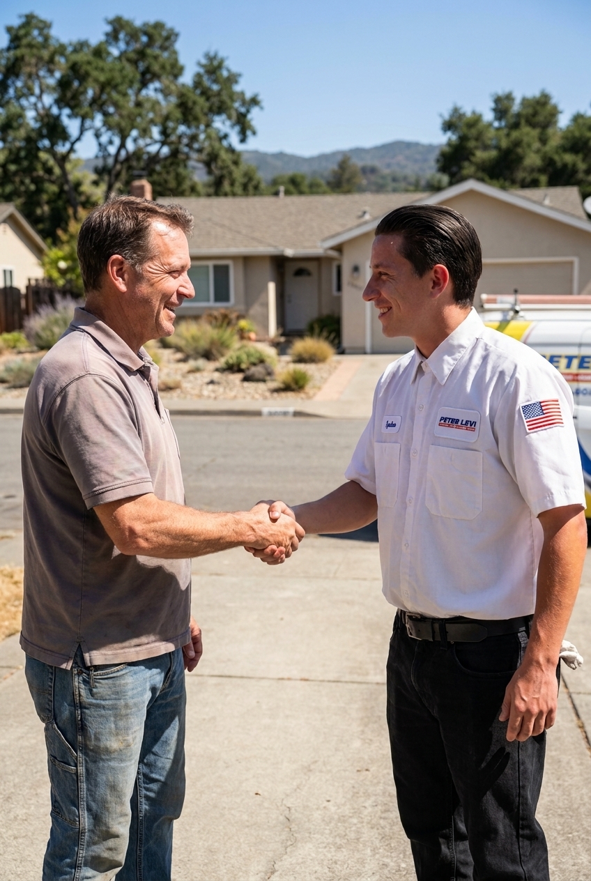 Peter Levi technician shaking hands with a homeowner in their driveway